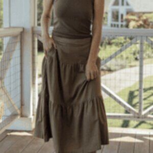 Neuflora Green Tiered Midi Skirt Corduroy Cotton Elastic Back Pockets Women's S